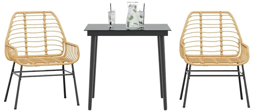 Conjunto jantar jardim 3 peças vidro vime PE castanho