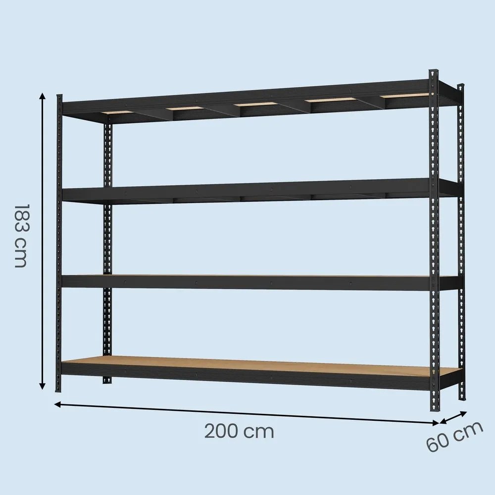 Estante de chão com 4 prateleiras, 60 x 200 x 183 cm, garagem, arrumos Preta