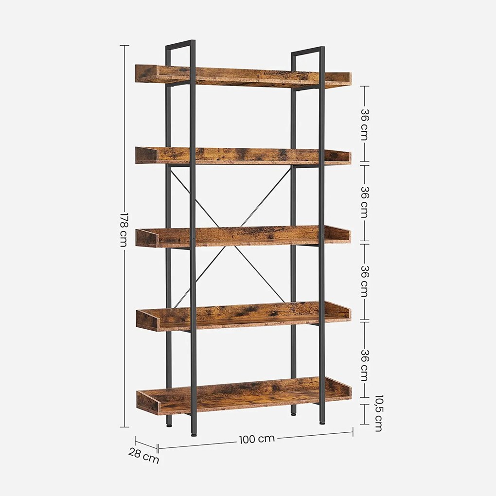Estante com 5 níveis 100 x 28 x 178 cm Castanho Vintage-preto