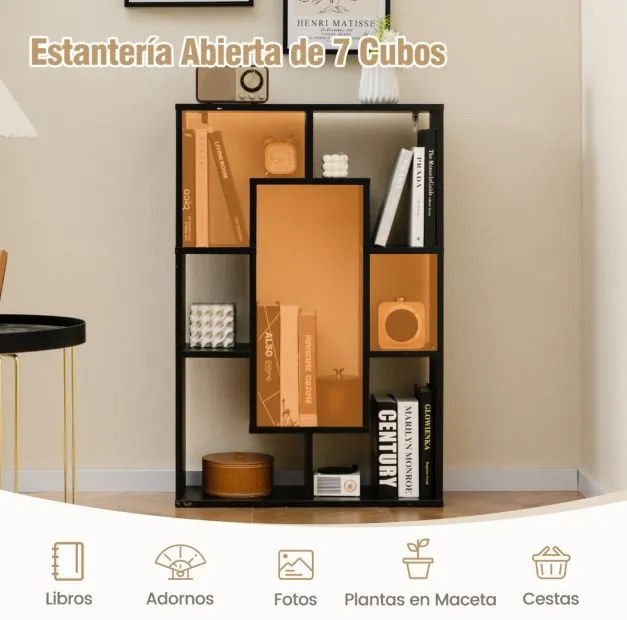 Estante Geométrica de 7 Cubos Estante Decorativa de Canto Estante de Pé com Dispositivo Antivoltas 60 x 20 x 90 cm Preto