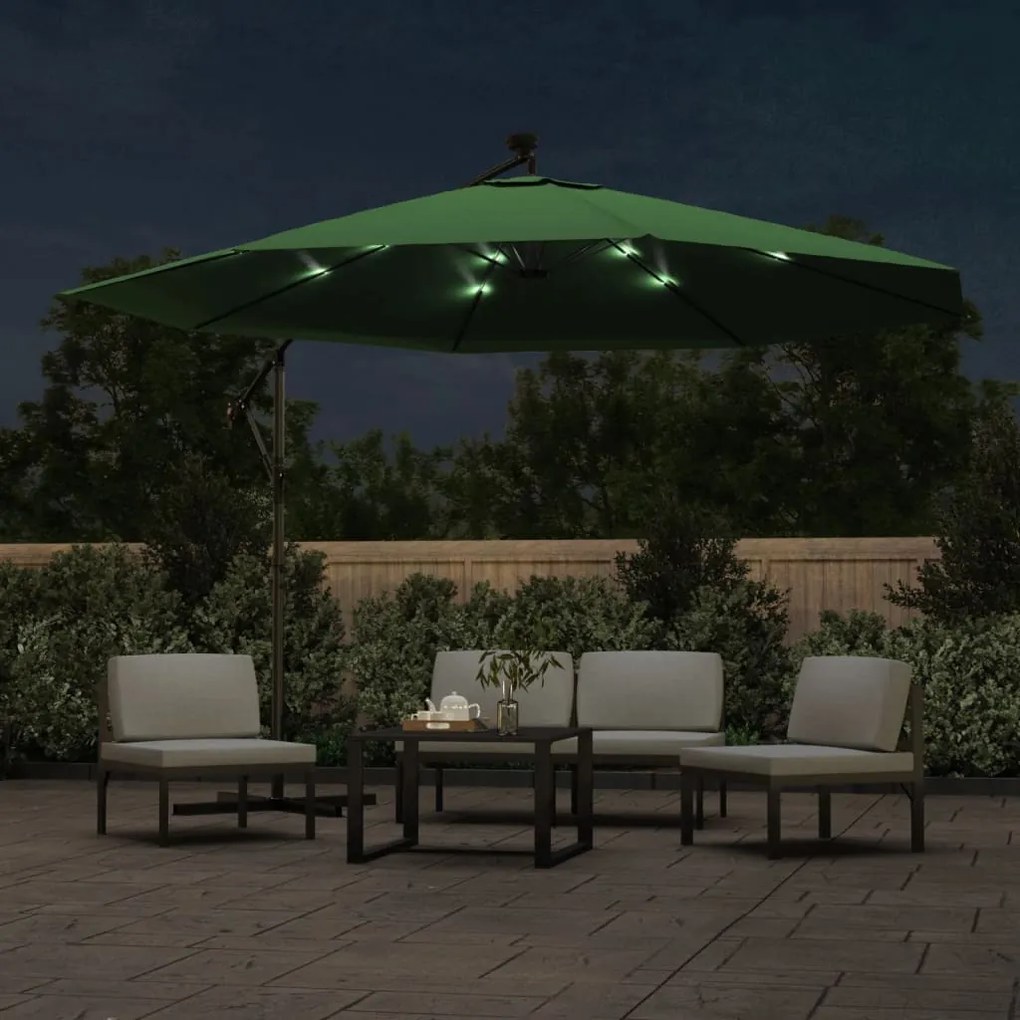 Guarda-sol cantilever c/ luzes LED e poste metal 350 cm verde