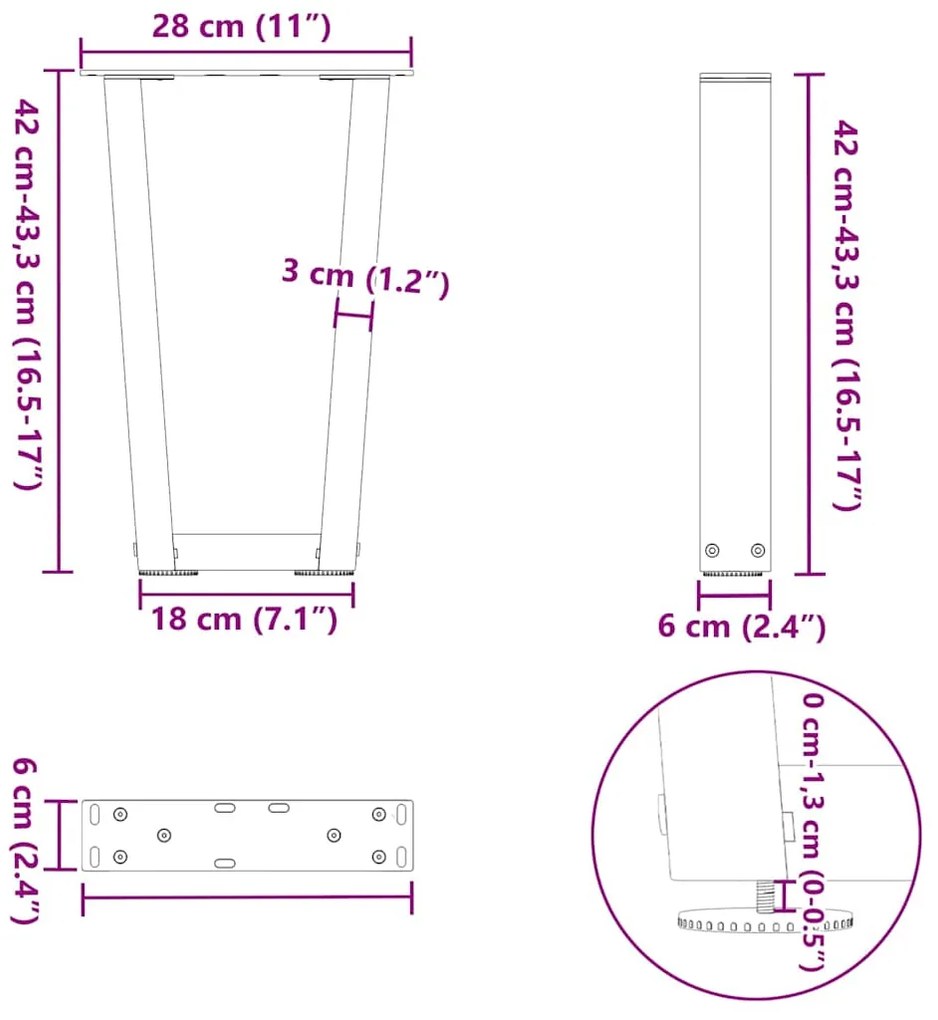 Pés para mesa de centro em V 2 peças preto 28x(42-43,3) cm aço