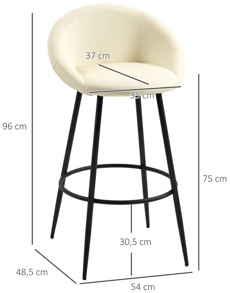 HOMCOM Conjunto de 2 Bancos Altos de Cozinha Estofados em PU Bancos de Bar com Base Antiderrapante e Apoio para os Pés Estilo Moderno Carga Máxima 120kg 54x48,5x96cm Creme