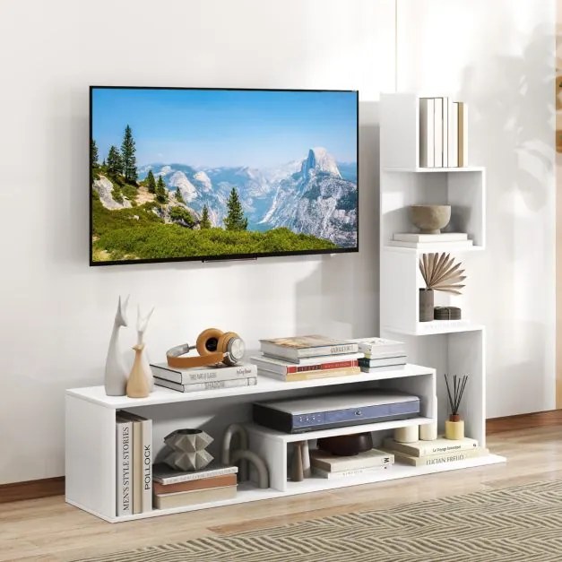 Móvel de TV 144,5 x 29,5 x 121 cm com cubos para TVs até 50” Mesa de consola com Estantes em L e compartimentos abertos para sala de estar Branca