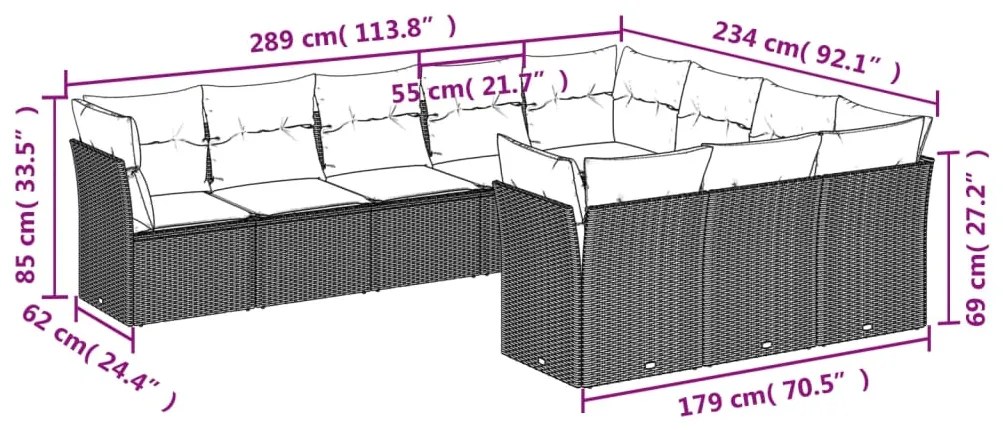 10 pcs conj. sofás jardim com almofadões vime PE cinzento-claro