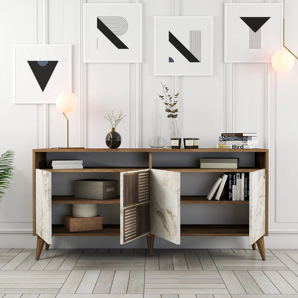 Console Milan – Nogal e Mármore Branco – 160 cm x 78 cm x 35 cm