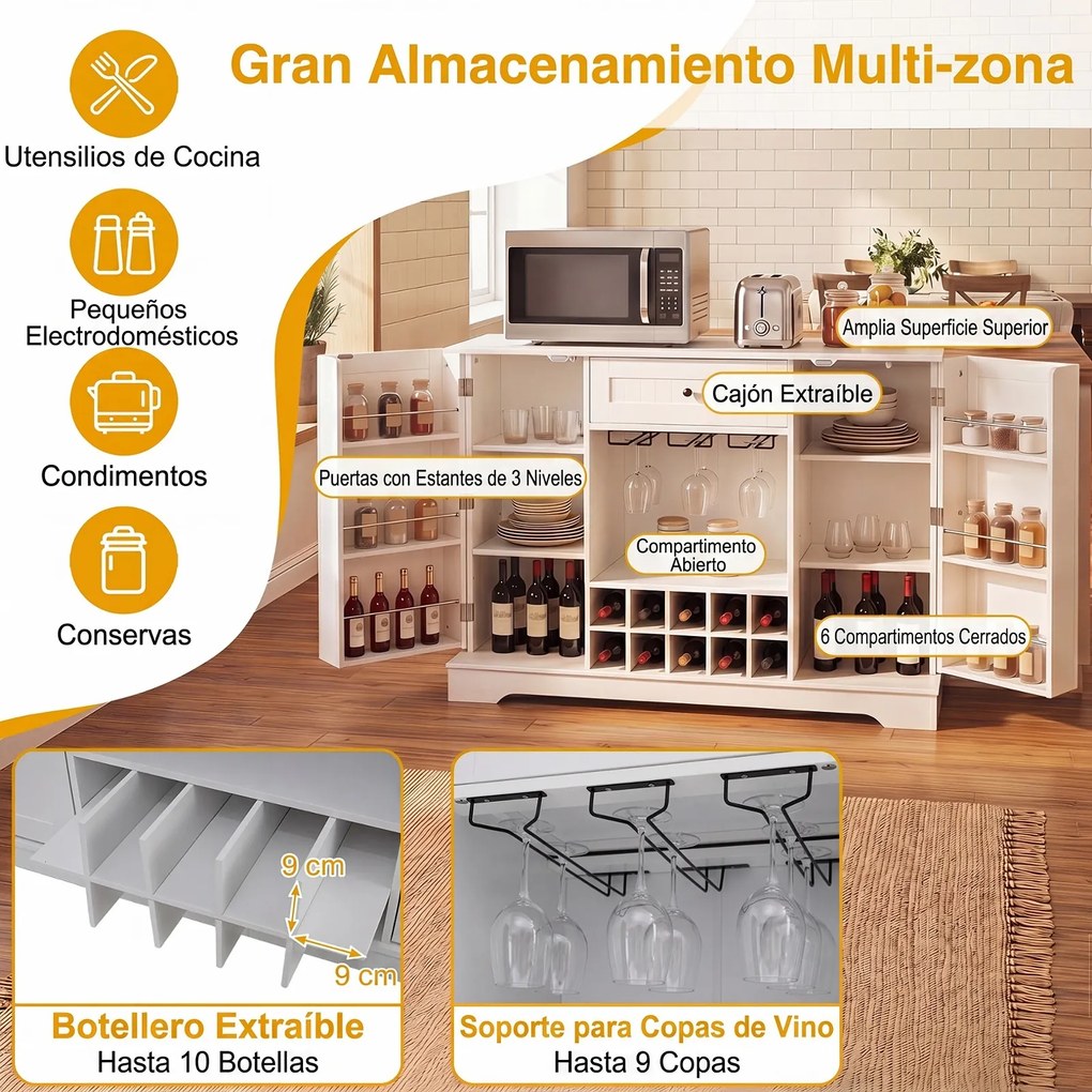 Aparador com Garrafeira, 120 x 83 x 40 cm, 10 Compartimentos para Vinho, Branco