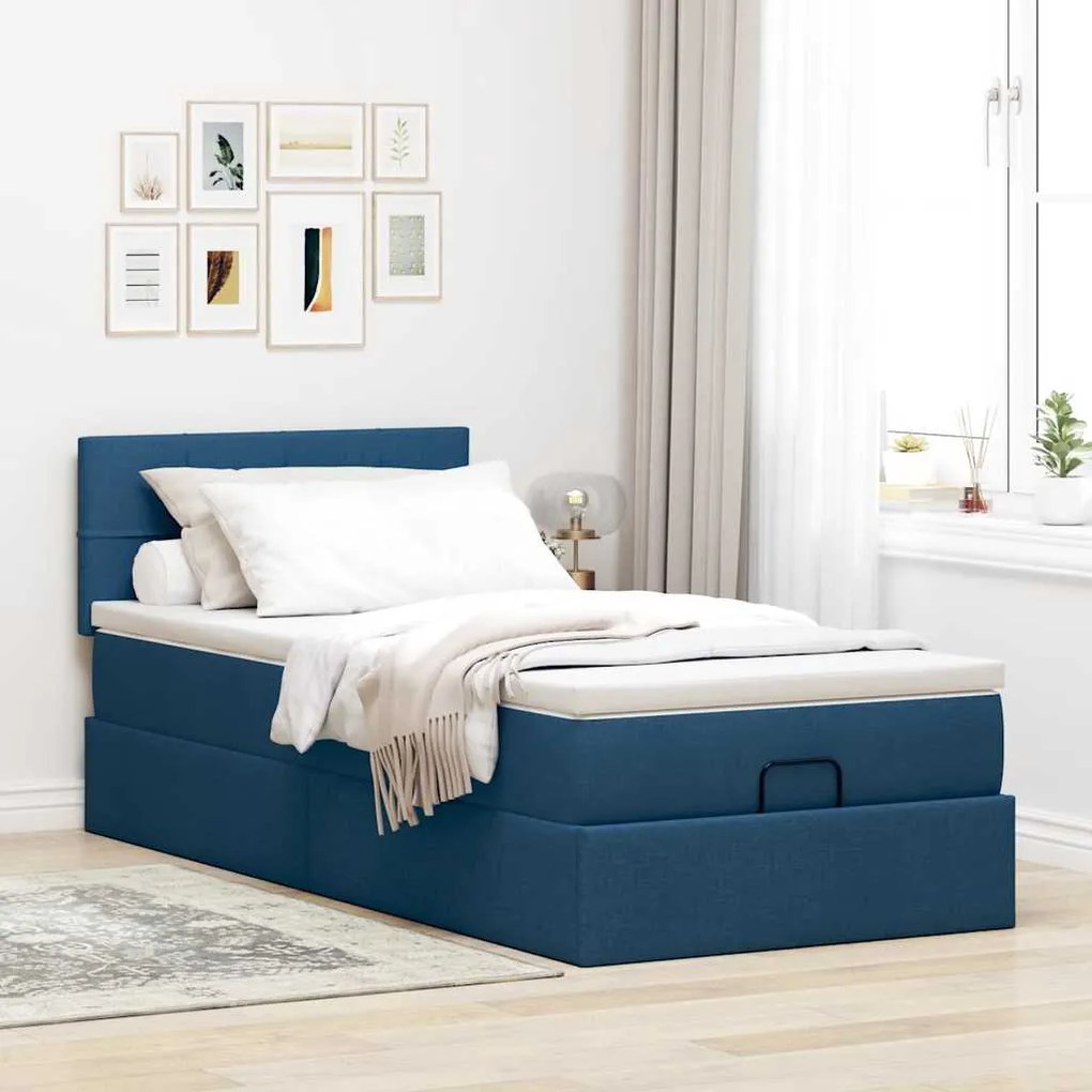 Cama otomana com colchão 90x200 cm tecido azul