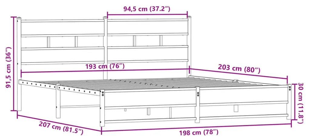 Estrutura de cama sem colchão 193x203cm metal carvalho fumado