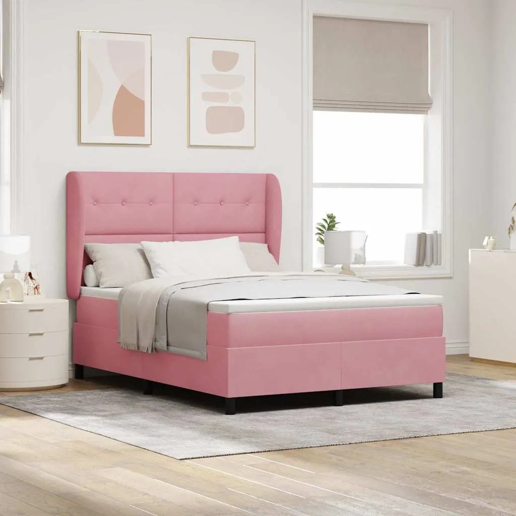 vidaXL Cama Box com colchão com cabeceira Rosa 190 x 140 cm Poliéster