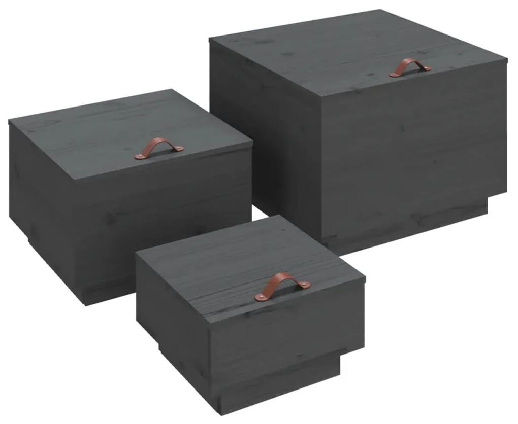 Caixas de arrumação com tampas 3 pcs pinho maciço cinza