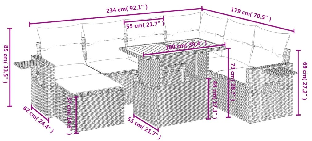 8 pcs conjunto de sofás p/ jardim com almofadões vime PE bege