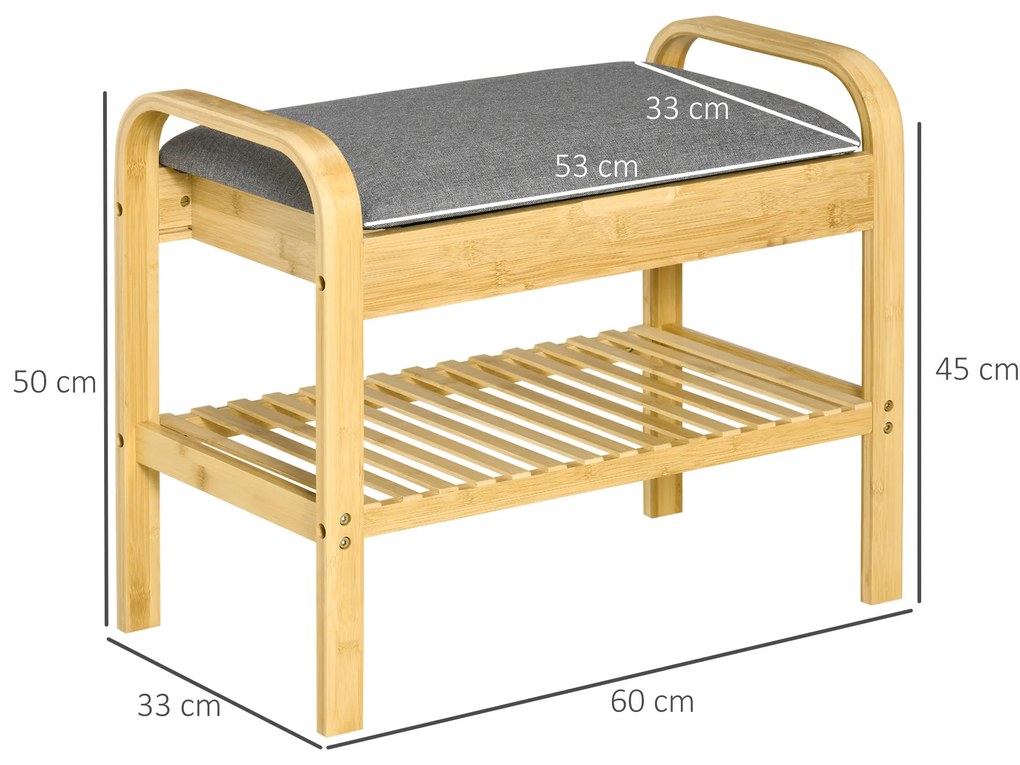 HOMCOM Banco Sapateiro de Bambú Banco para Sapatos com Prateleira Almofada Acolchoada Abatível e Espaço Oculto de Armazenamento para Entrada Corredor 60x33x50cm Natural