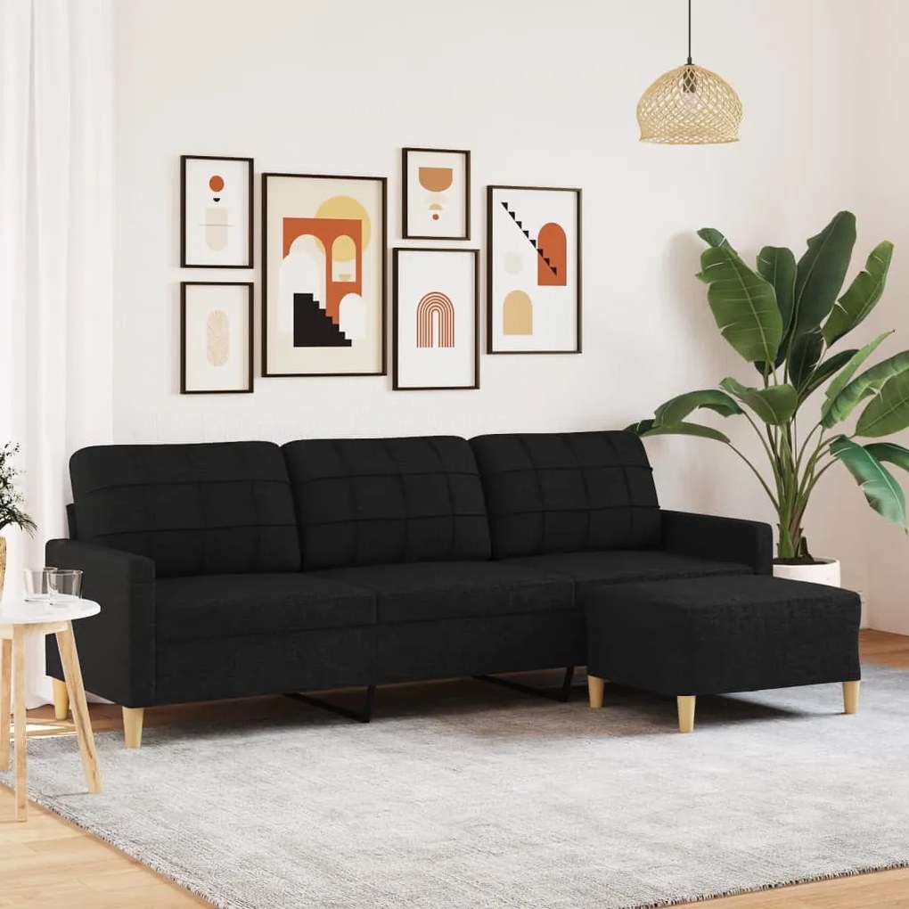 vidaXL Sofá de 3 lugares com apoio de pés 210 cm tecido preto