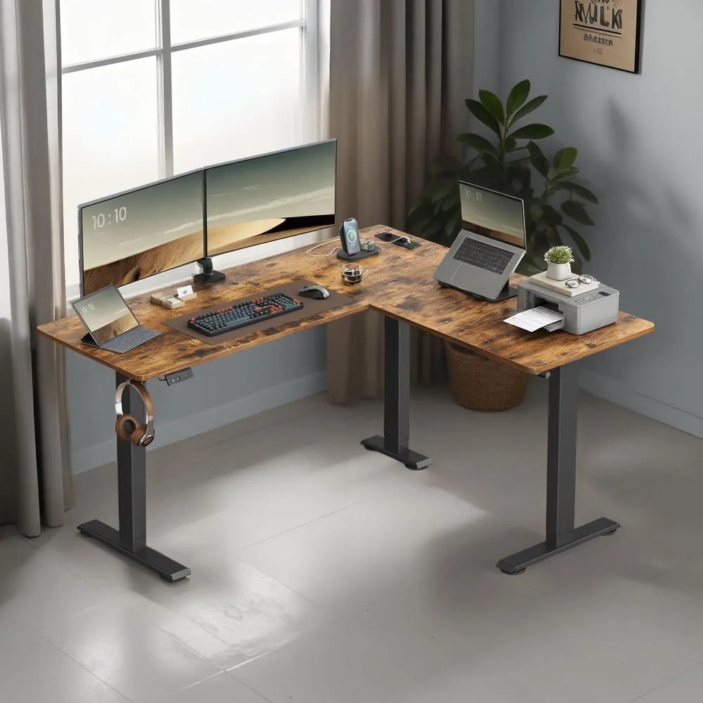 Secretária de canto com regulação elétrica da altura e estação de carregamento 160 x 140 x (72–120) cm castanho-preto