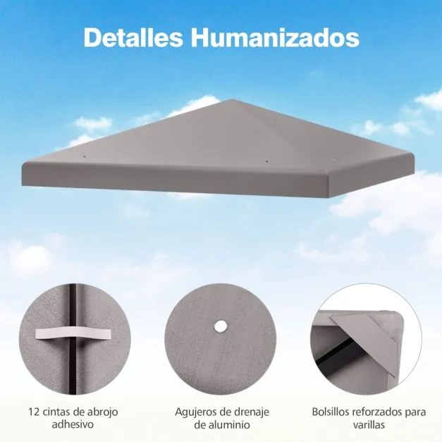 Toldo de Reposição para Tenda (NÃO INCLUIDA) de 300 x 300 cm com Fecho de Gancho e Velcro Orifícios de Drenagem Cinza