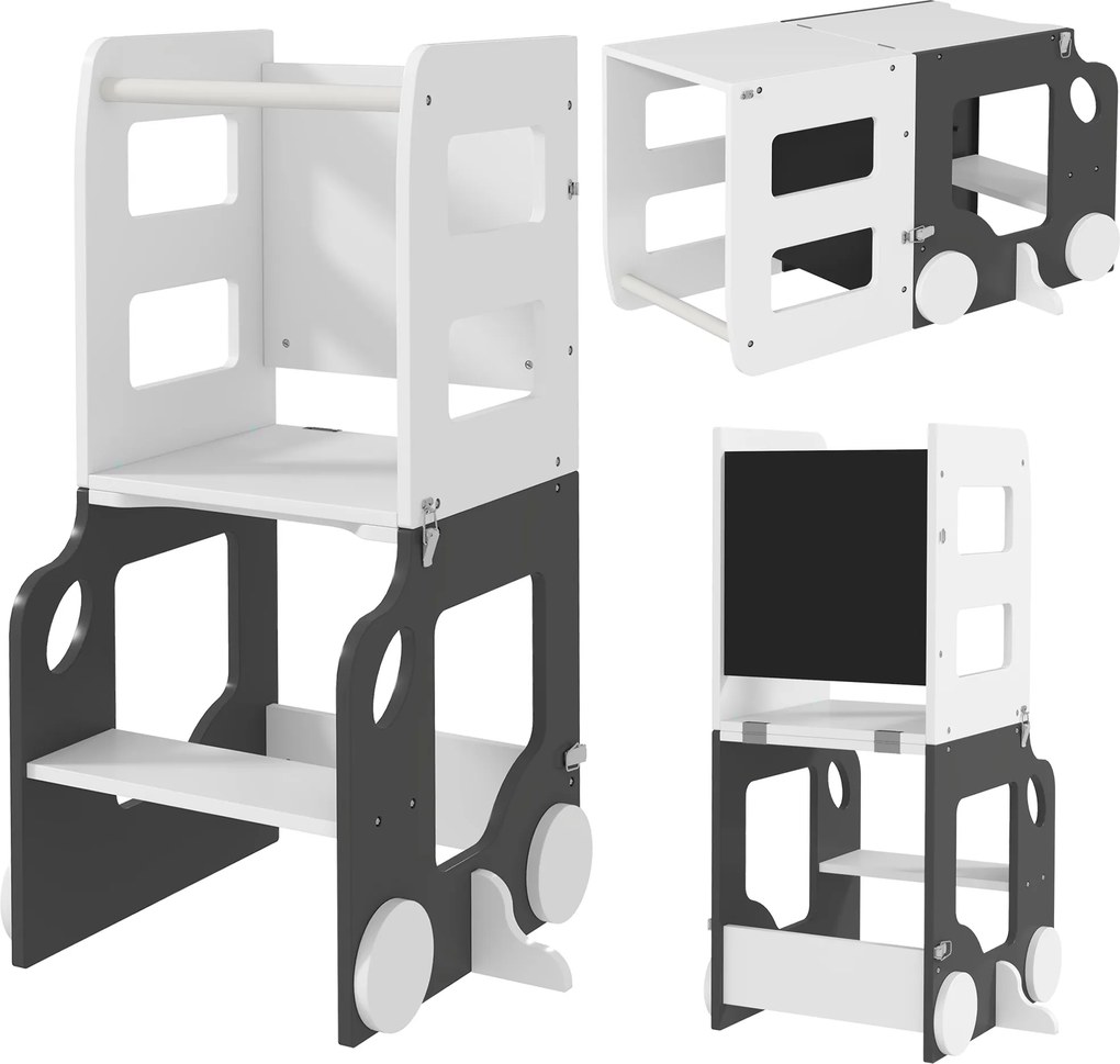 AIYAPLAY Torre de Aprendizagem 4 em 1 para Crianças em Forma de Carro Convertível em Mesa e Cadeira 58x46x92 cm Branco e Cinza | Aosom Portugal