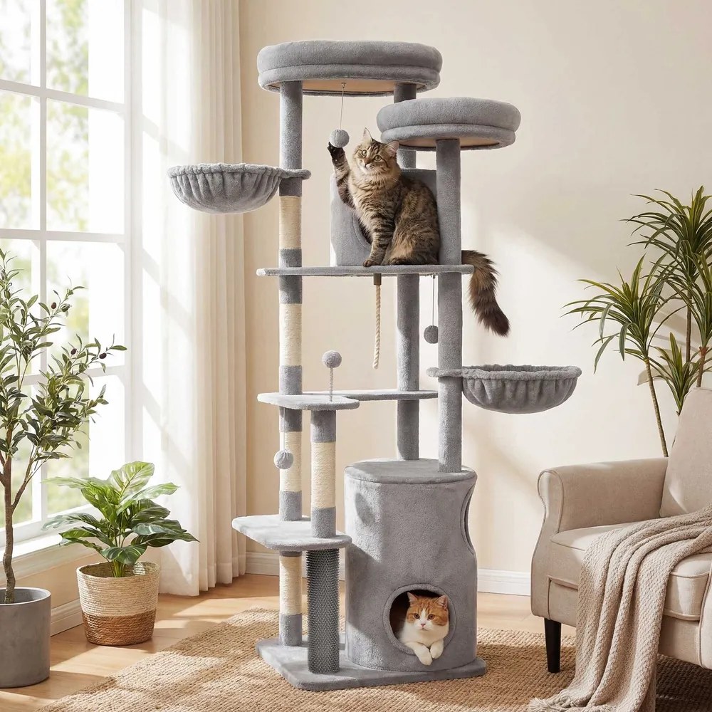 Arranhador para gatos 55 x 60 x 196 cm, árvore com vários níveis, com plataformas cinzento claro