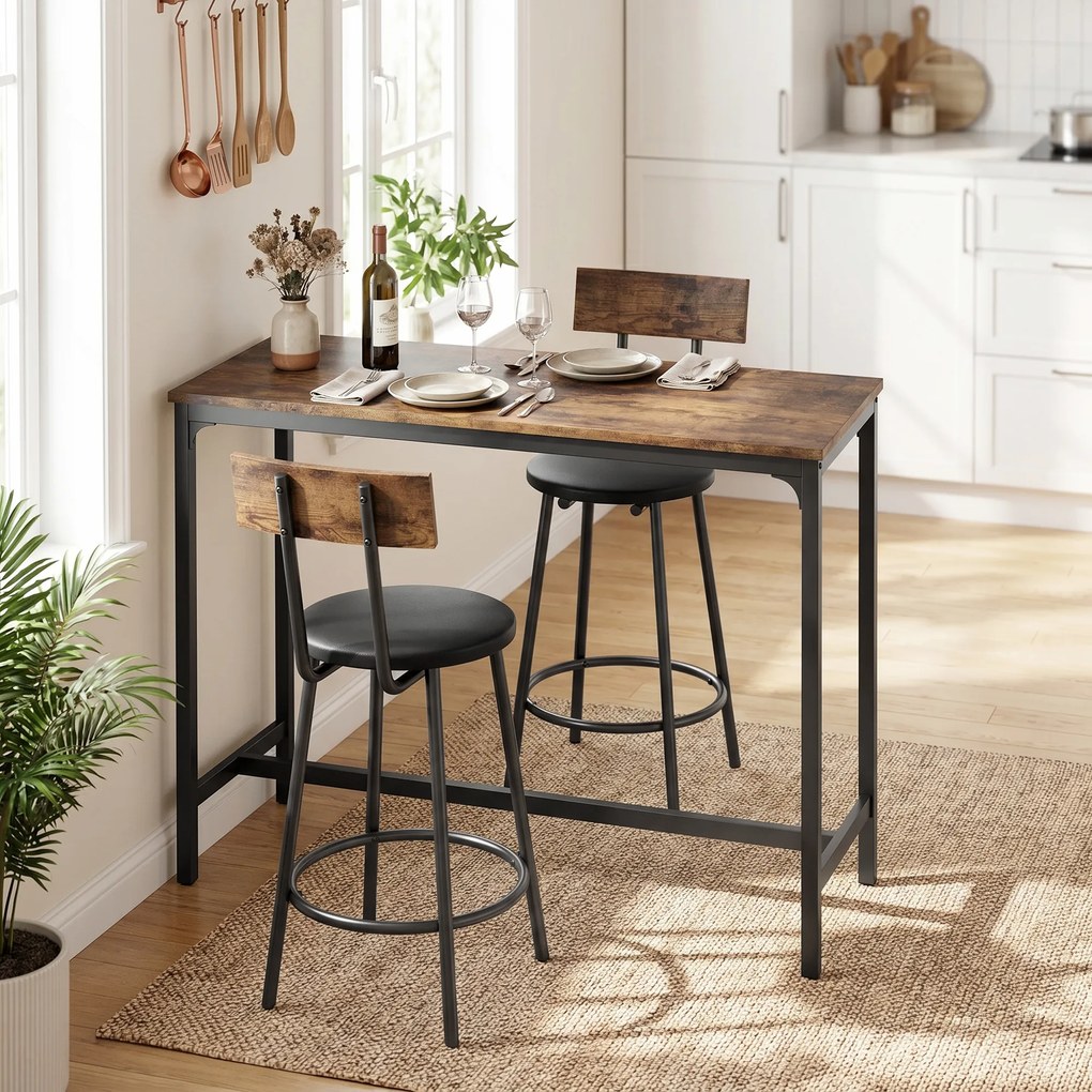 Conjunto de Mesa de Bar e 2 Bancos, 100 x 40 x 90,5 cm, Assentos Acolchoados em PU, Castanho