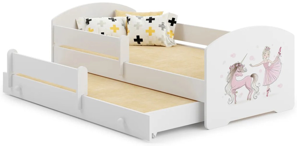Cama infantil dupla branca Luk 160x80 desenho princesa e unicórnio - colchão e estrado incluído