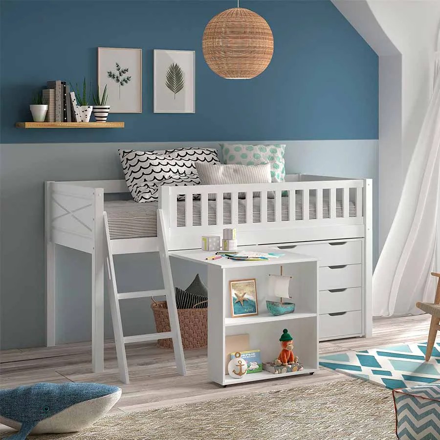 Conjunto cama Infantil SCOTT + Secretária + cómoda de 4 gavetas Branca