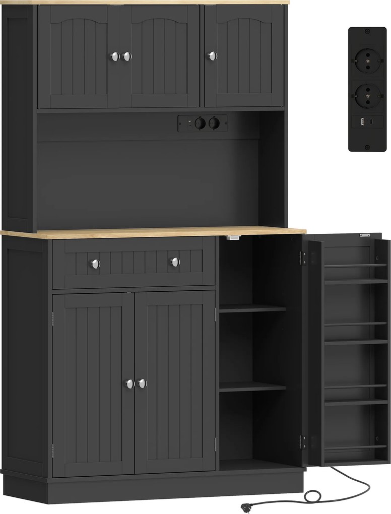 HOMCOM Buffet alto de cozinha, armário de cozinha, estação de carga, 6 portas, plano de trabalho, porta-temperos, 100x40x173cm, preto | Aosom Portugal