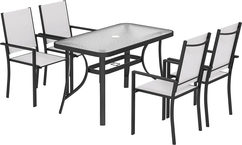 Outsunny Conjunto de Jantar para Jardim com Orifício para Guarda-Sol, Mesa, Cadeiras para 4, Cinza Claro | Aosom Portugal