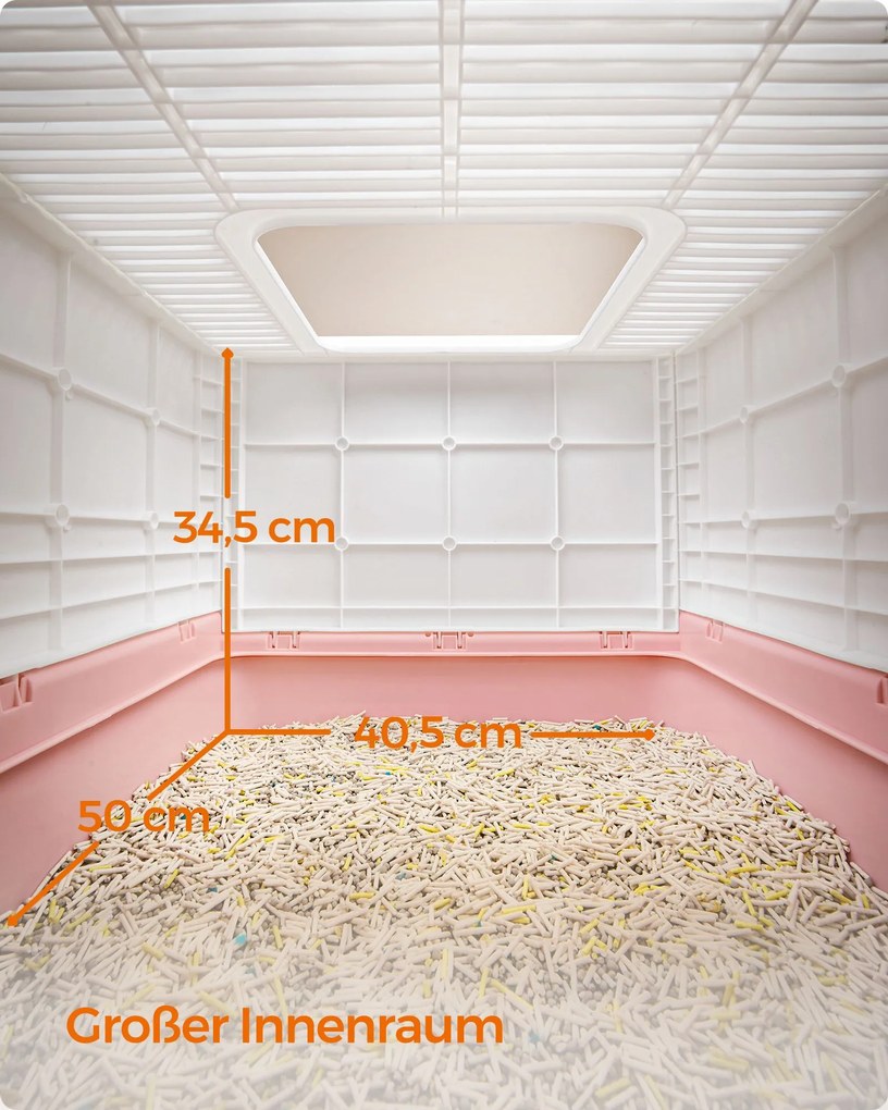 Caixa de areia para gatos com tampa e colher espaçoso branco-rosa pastel