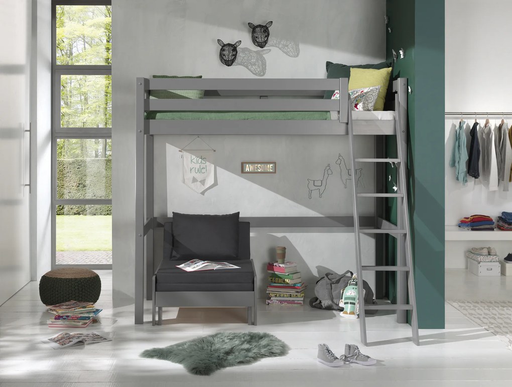Conjunto Cama alta de Criança PINO 90 x 200 cm + estrado + escada + sofá-cama Cinzenta