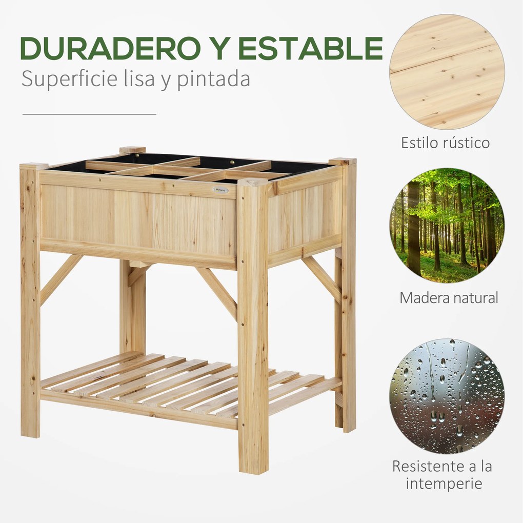 Outsunny Horta Vertical de Madeira 120x60x81cm Mesa de Cultivo com 6 Compartimentos e Prateleira Inferior para Plantas Flores Jardim Terraço Exterior Natural