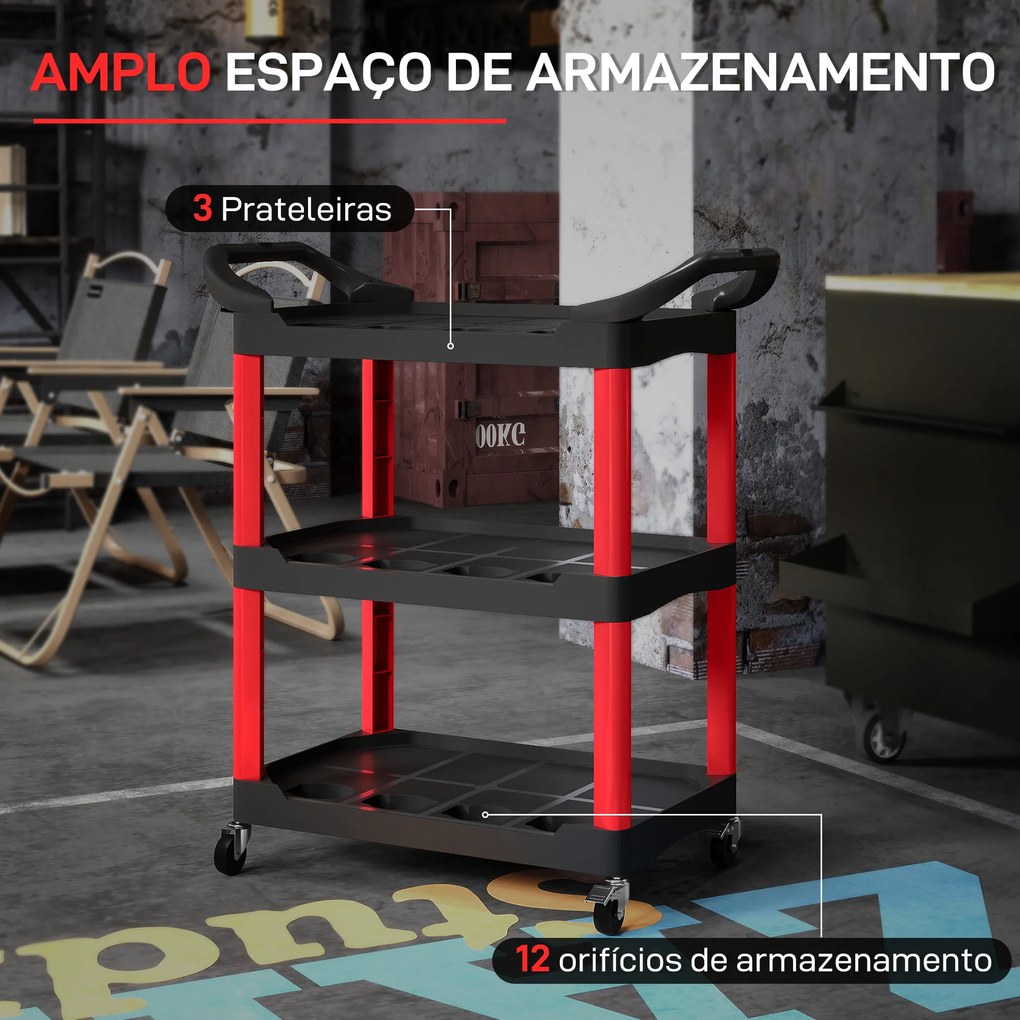 Carro de Oficina  de Ferramentas com 3 Prateleiras Rodas e Pegas para Garagem Oficina Casa 83x43x97 cm Vermelho e Preto