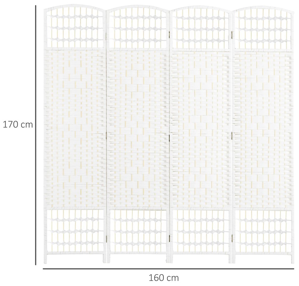 Biombo de 4 Painéis Dobrável Separador de Ambientes de Corda de Papel e Estrutura de Madeira 60x170 cm Branco