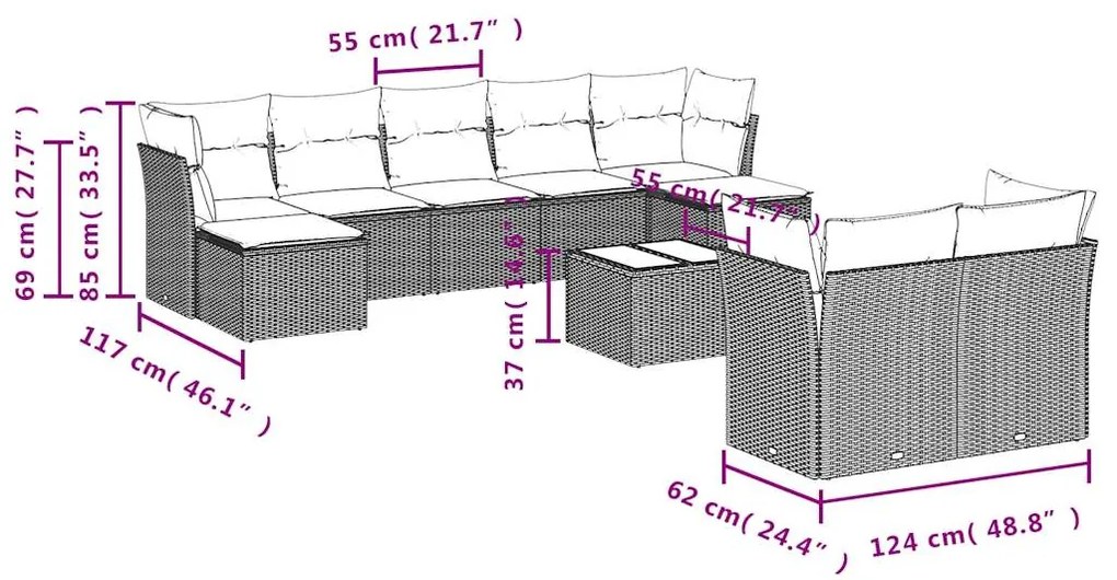 10 pcs conjunto de sofás p/ jardim com almofadões vime PE bege