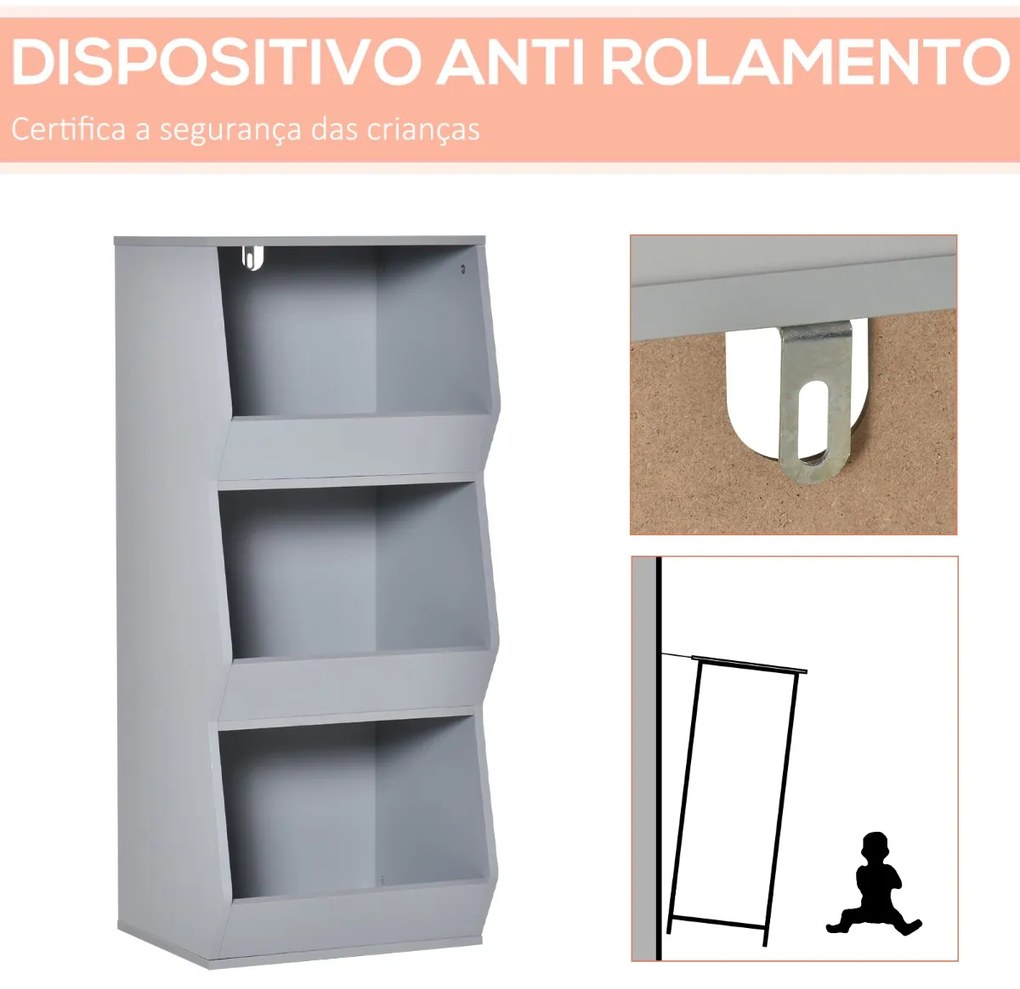 Estante Infantil de Madeira para Crianças com 3 Prateleiras de Armazenamento para Brinquedos Livros 38x34,5x90cm Cinza