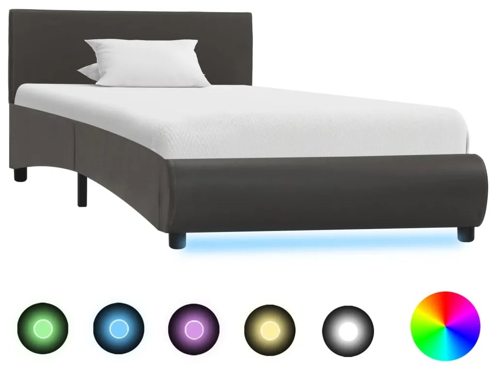 vidaXL Estrutura de cama c/ LEDs 90x200 cm couro artificial cinzento