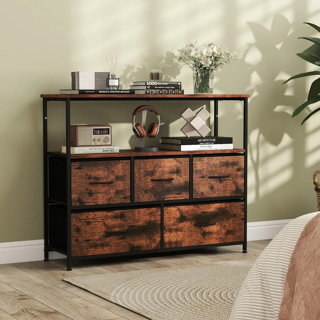Cômoda para quarto com 5 gavetas 100 × 30 × 80 cm com 2 prateleiras abertas de madeira e estrutura metálica resistente Castanho
