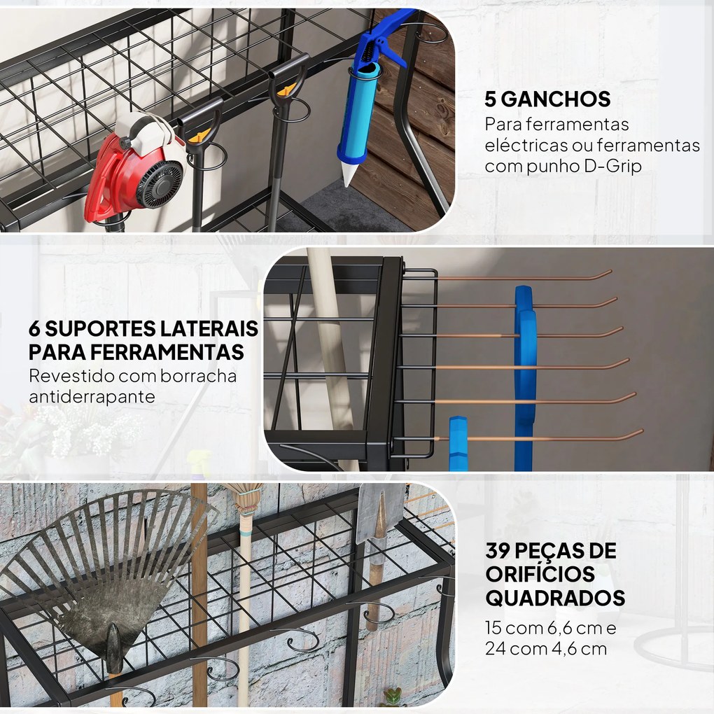 Organizador de Ferramentas de Jardim de 3 Níveis para Garagem com Ganchos para Pás Ancinhos Vassouras 84x53x73 cm Preto