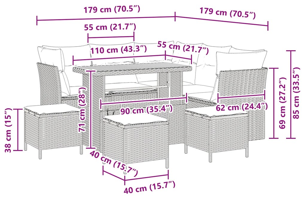 Conjunto de Sofá de Jardim de 9 Peças com Almofadas Preto Rattan Polié