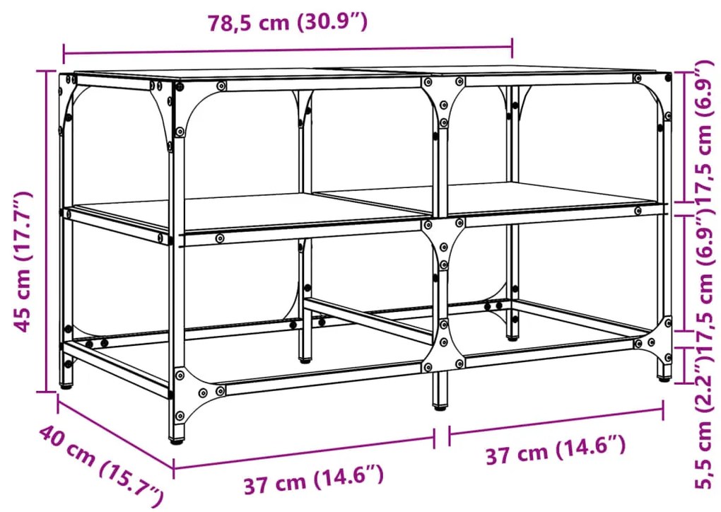 Mesa de centro c/ topo em vidro transparente 78,5x40x45 cm aço