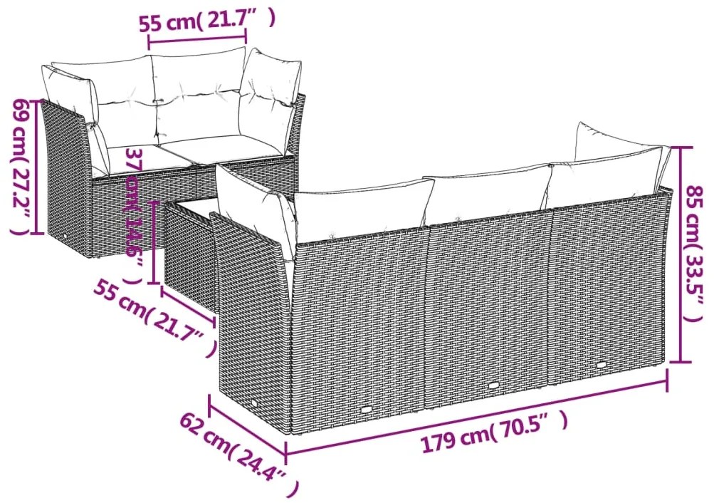 6 pcs conjunto de sofás jardim c/ almofadões vime PE castanho