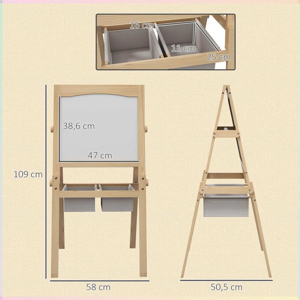 Cavalete para Crianças 3 em 1 com Quadro preto e Quadro Branco para Desenhos com Rolo de Papel 58x50,5x109 cm Madeira