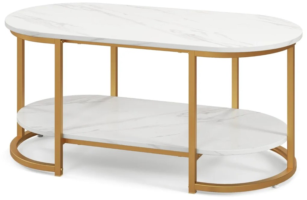 Mesa de centro em mármore de 2 níveis para sala de estar e quarto 100 x 50 x 45 cm Branco e dourado