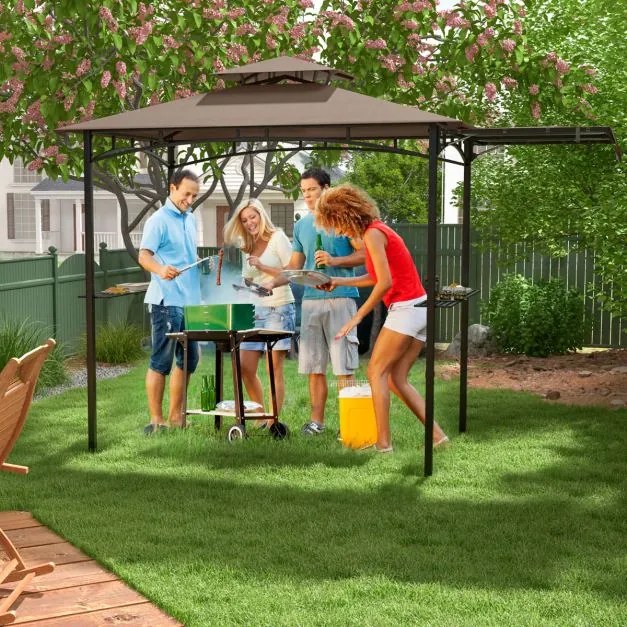 Tenda para Churrasco (Não Incluido) com grelha de 318 x 153 cm Toldo lateral Parte superior de 2 níveis 2 prateleiras laterais Estrutura em metal Cast