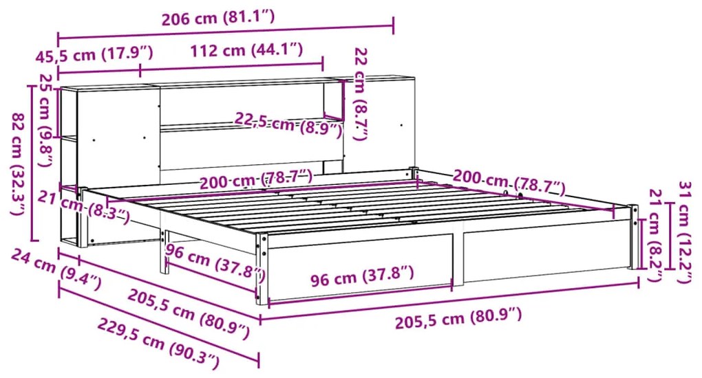 Cama com estante sem colchão 200x200 cm pinho maciço