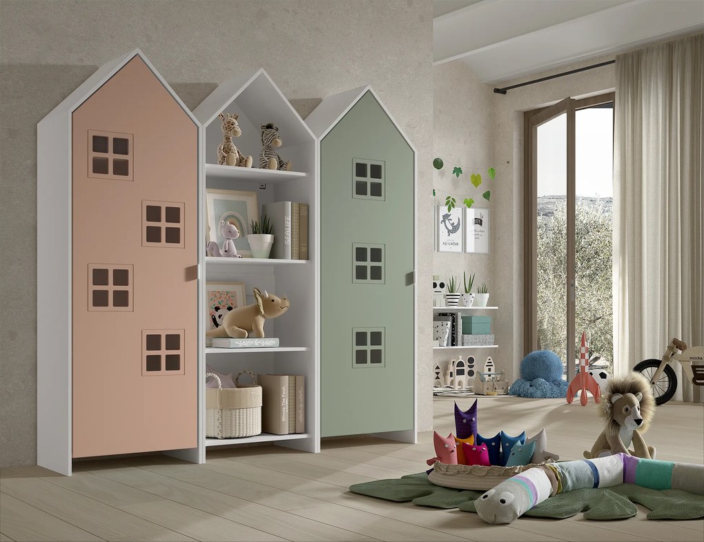 Conjunto 2 armarios Guarda Roupa infantil + estante infantil coleção CASAMI Verde e Rosa