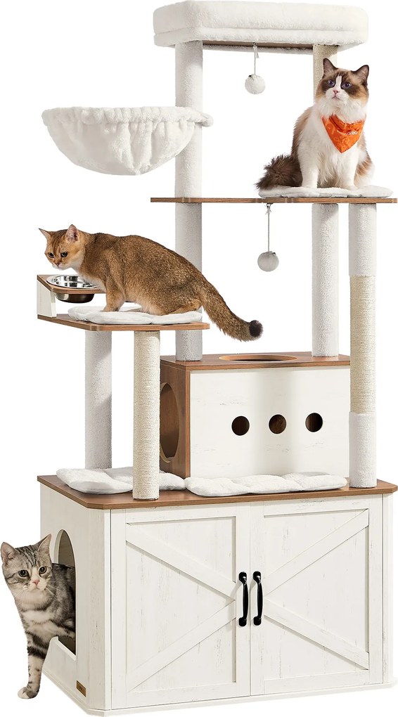 Arranhador para gatos de 170 cm, com caverna e recanto em castanho-mel e branco vintage