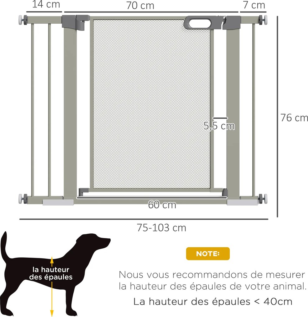 Barreira de segurança para animais de estimação com fecho automático de dupla bloqueio, largura 75-103 cm, cinzenta