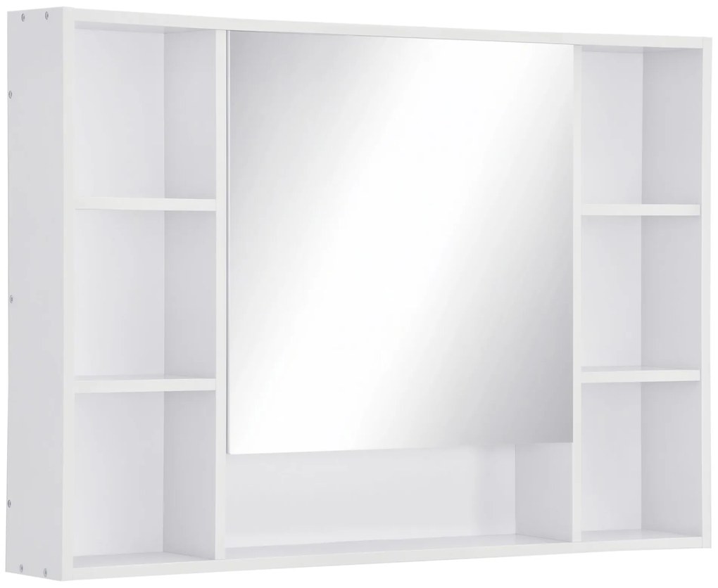 kleankin Armário de Casa de Banho com Espelho Armário de Parede Móvel de Casa de Banho Suspenso com Porta Prateleiras Abertas 100x15x70 cm Branco