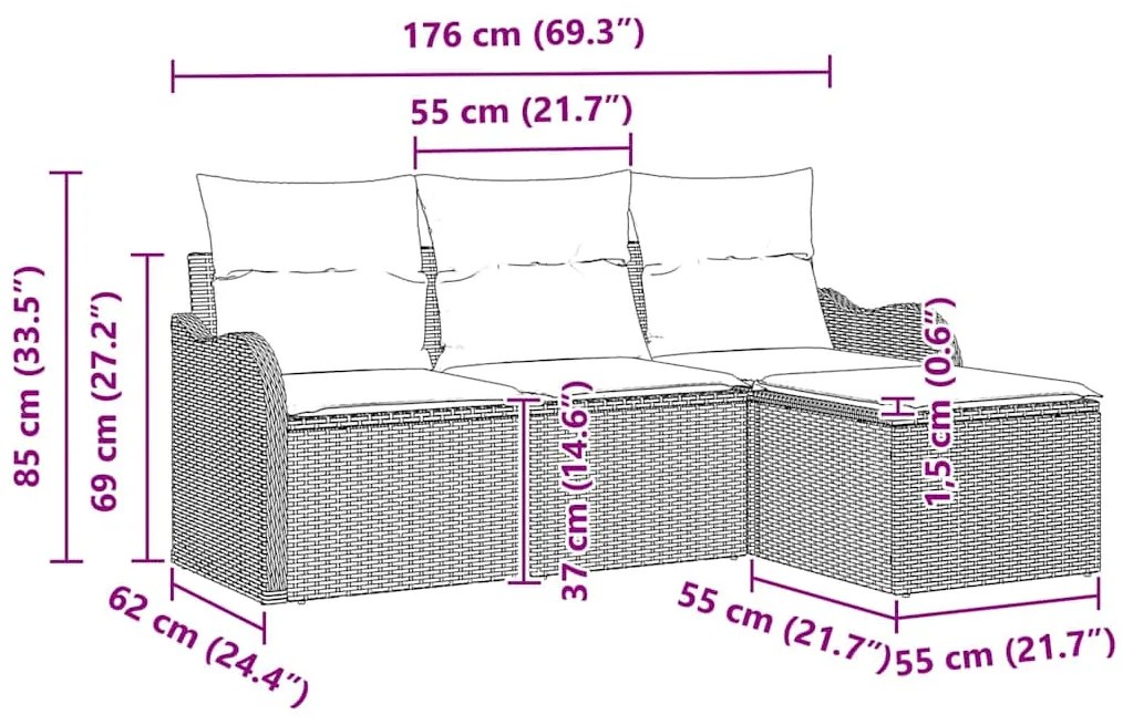 Conjunto de Sofá de Jardim com 4 Peças e Almofadas Pretas de Rattan.