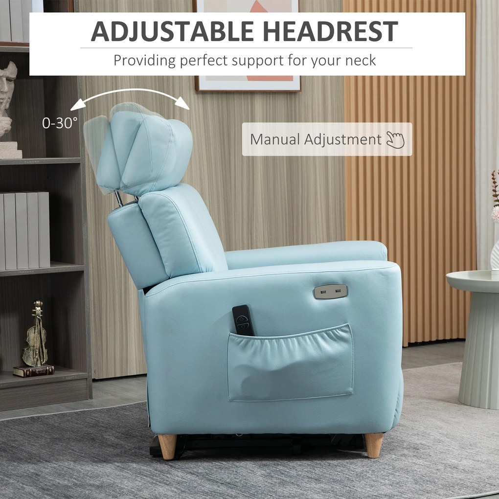 HOMCOM Poltrona Relax Reclinável Poltrona Levanta Pessoas Estofada em Microfibra com Reclinação 143° USB Apoio para a Cabeça Ajustável Apoio para os Pés e Bolso Lateral Carga Máxima 150kg 81x91x103 cm Azul